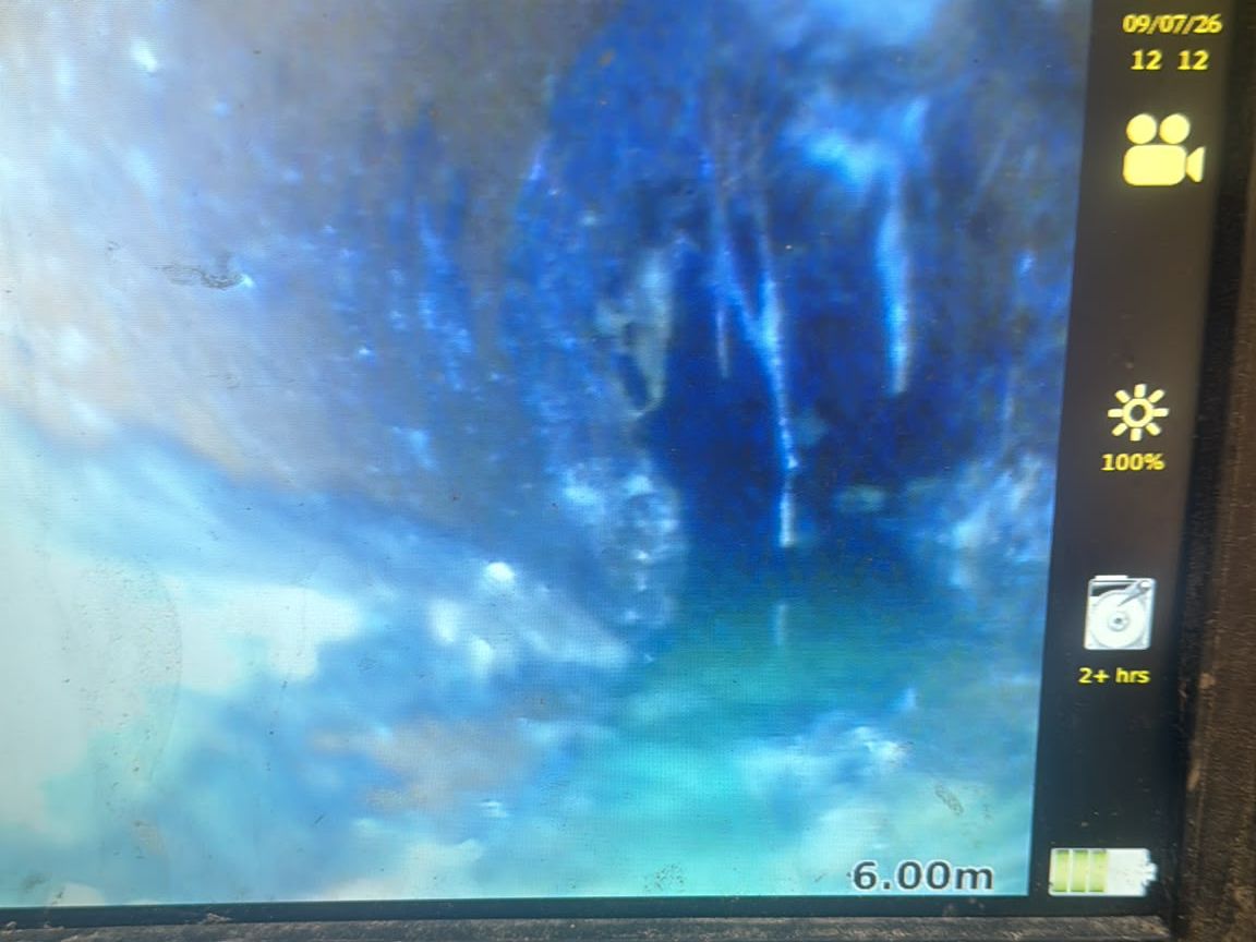 CCTV drain survey footage from a live job, six metres down the run